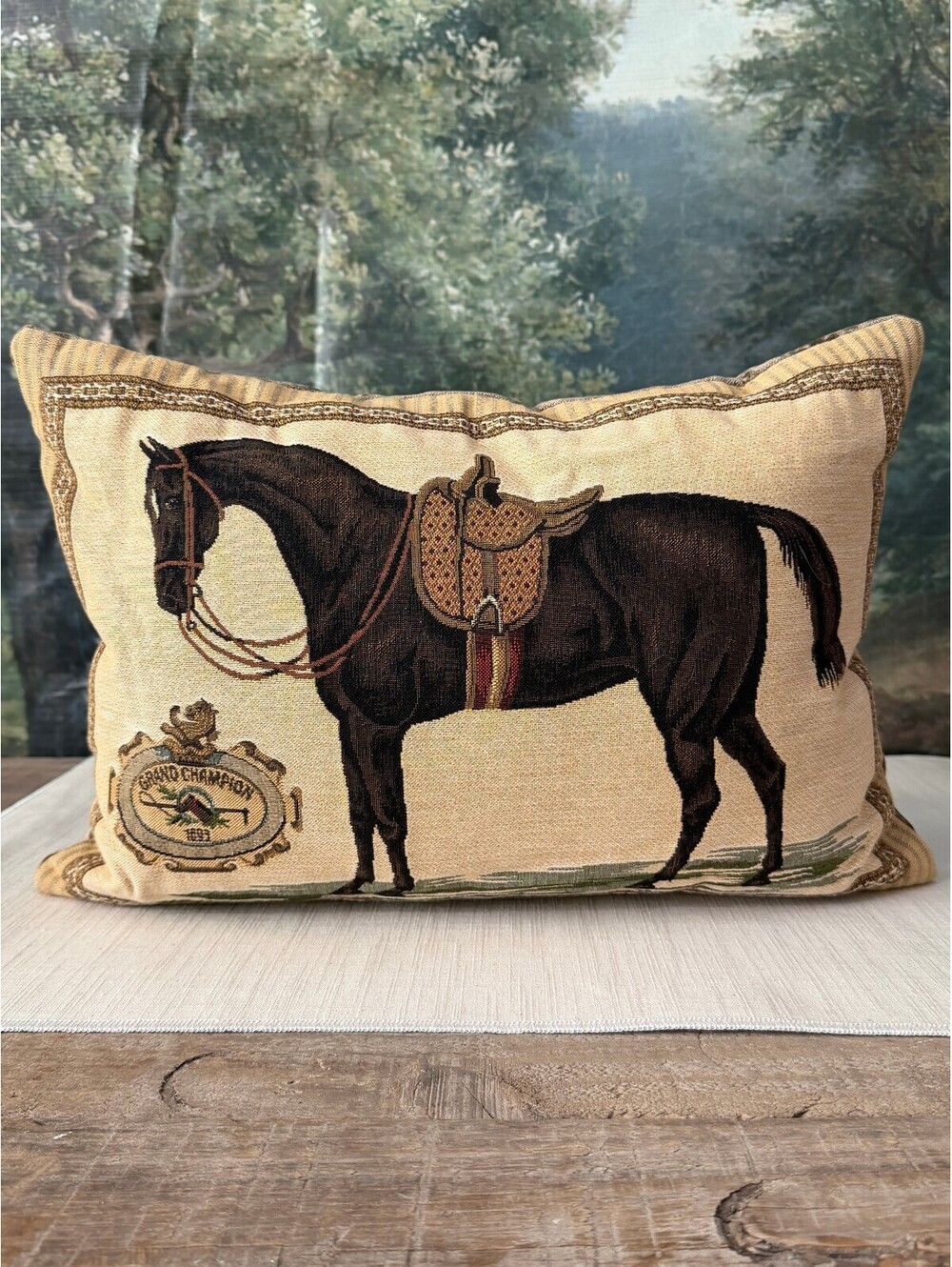 Vintage Decorative Horse Tapestry Pillow with Velvet Backing